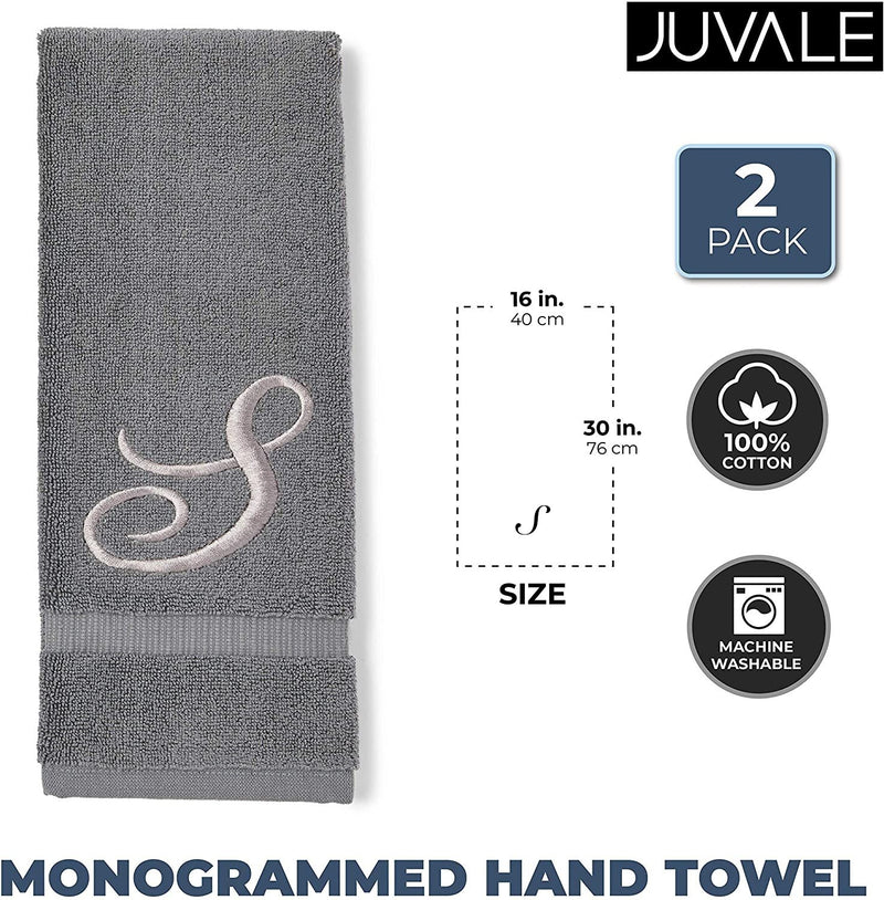 2 Pack Letter S Monogrammed Hand Towels, Gray Cotton Hand Towels with Silver Embroidered Initial S for Wedding Gift, Bridal Shower, Baby Shower, Anniversary (16 x 30 Inches)