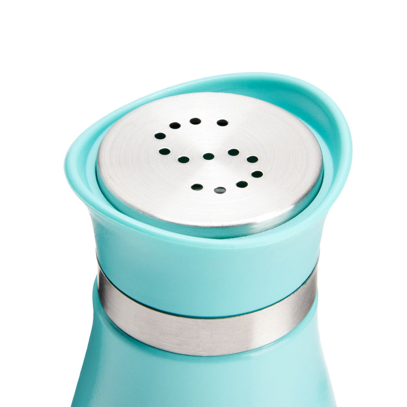 Stainless Steel Teal Salt and Pepper Shakers Set with Glass Bottom, Screw-Off Caps, Perforated "S" and "P" Designs for Kitchen (4oz)