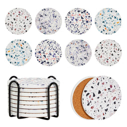 Set of 8 Round Terrazzo Ceramic Coasters with Holder and Cork Base, Housewarming Gifts (4 In)