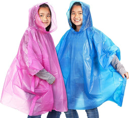 10 Pack Disposable Kids Rain Ponchos with Hood, Clear Plastic Raincoats, Pink, Blue (40.5 x 37 In)