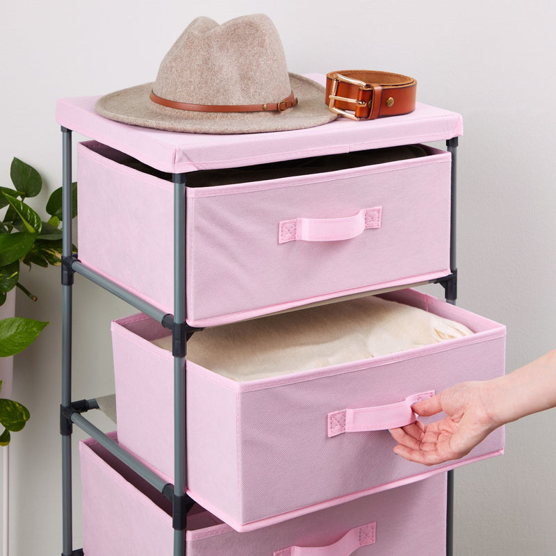 4-Tier Tall Closet Dresser with Drawers - Clothes Organizer and Small Fabric Storage for Bedroom (Pink)