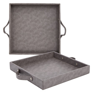 Set of 2 Square Leather Serving Trays, 12x12 Valet for with Handles for Ottoman, Coffee Table (Dark Grey)