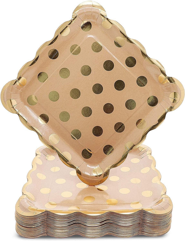 Juvale 48-Pack Kraft Gold Foil Dots 9 Inch Paper Party Plates for Lunch, Dessert, or Appetizer