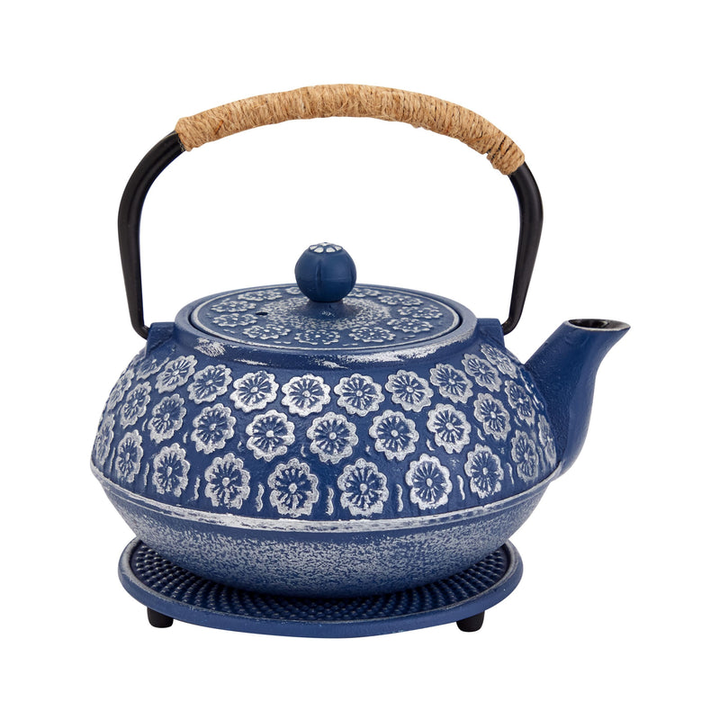 6-Piece Blue Floral Japanese Tea Set - Cast Iron Teapot Kettle with Stainless Steel Infuser, Trivet, 4 Teacups for Loose Leaf Tea (32 oz)