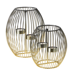 2 Piece Oval Metal Tealight Candle Holder Centerpiece, 2-Tone Gold and Black Candle Holders (2 Sizes)