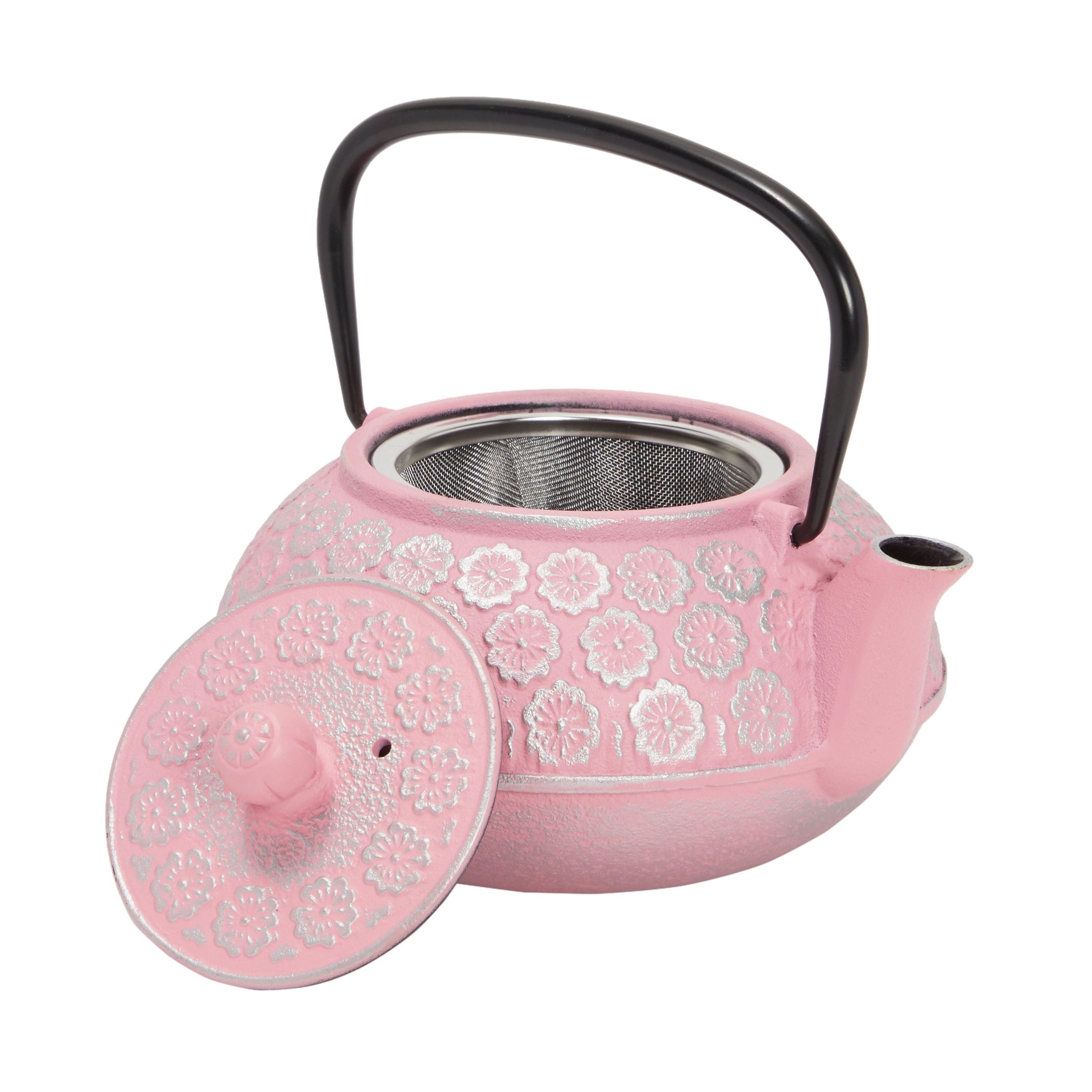 Pink Floral Cast Iron Teapot Kettle With Stainless Steel Loose