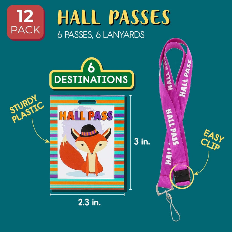 Student Classroom Hall Passes with Lanyards for Teachers, 6 Destinations (12 Pack)