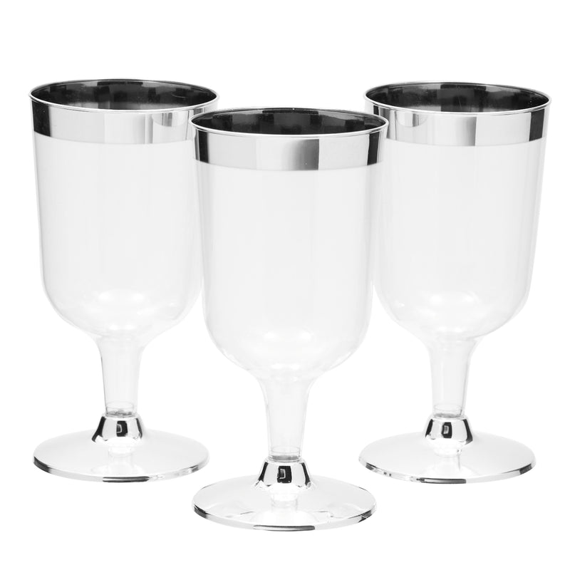 50 Pack 7 Oz Clear Plastic Wine Glasses for Parties, Silver Rimmed Goblet Cups with Stems for Weddings