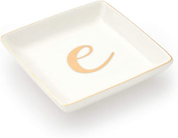 Letter E Ceramic Trinket Tray, Monogram Initials Jewelry Dish (4 x 4 Inches)