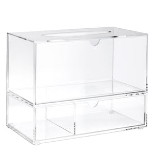 Clear Tissue Box Holder with Pull Out Drawer, Rectangle Dispenser Tissue Box Cover and Cosmetic Organizer for Bathroom (9.3 x 7 x 5 In)