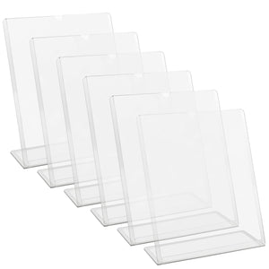 6 Pack Clear Sign Holders 8.5x11 - Table Top Plastic Display Stand for Menu, Flyer, Document, Paper, Slant Back Vertical Photo Frame