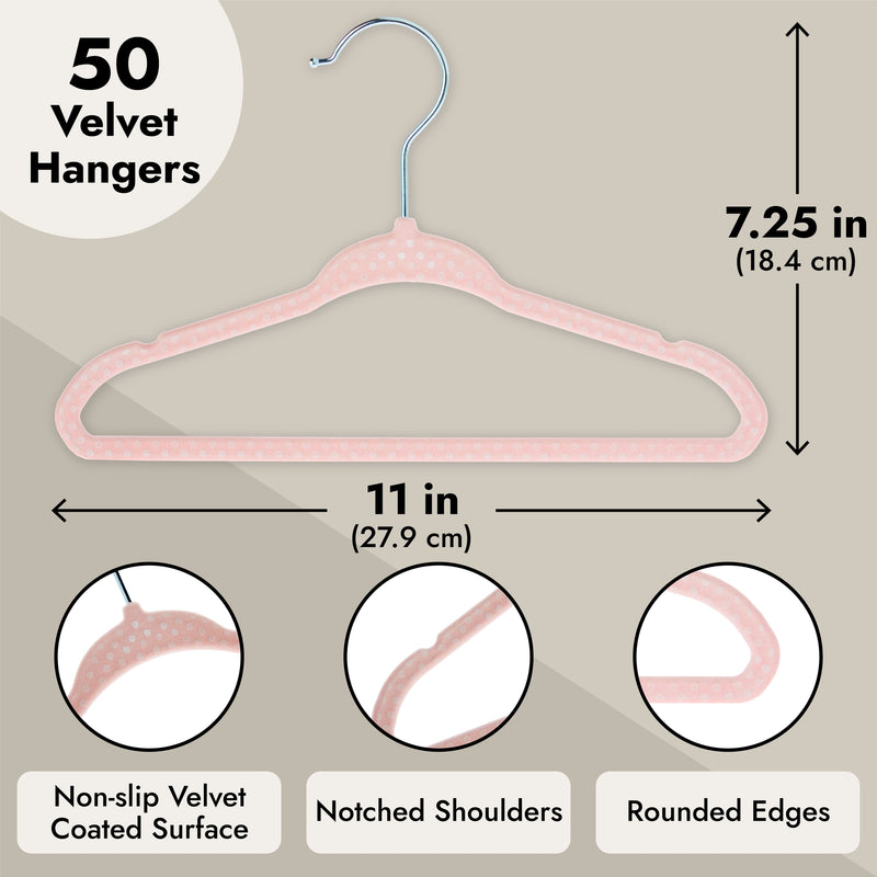 50 Pack Pink Velvet Baby Clothes Hangers for Closet Storage, Children's Nursery, Kid's Closet, Ultra Thin and Slip-Resistant (11 In)
