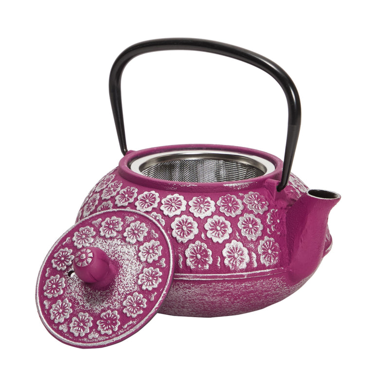 Purple Floral Cast Iron Teapot Kettle with Stainless Steel Loose Leaf Infuser (34 oz)