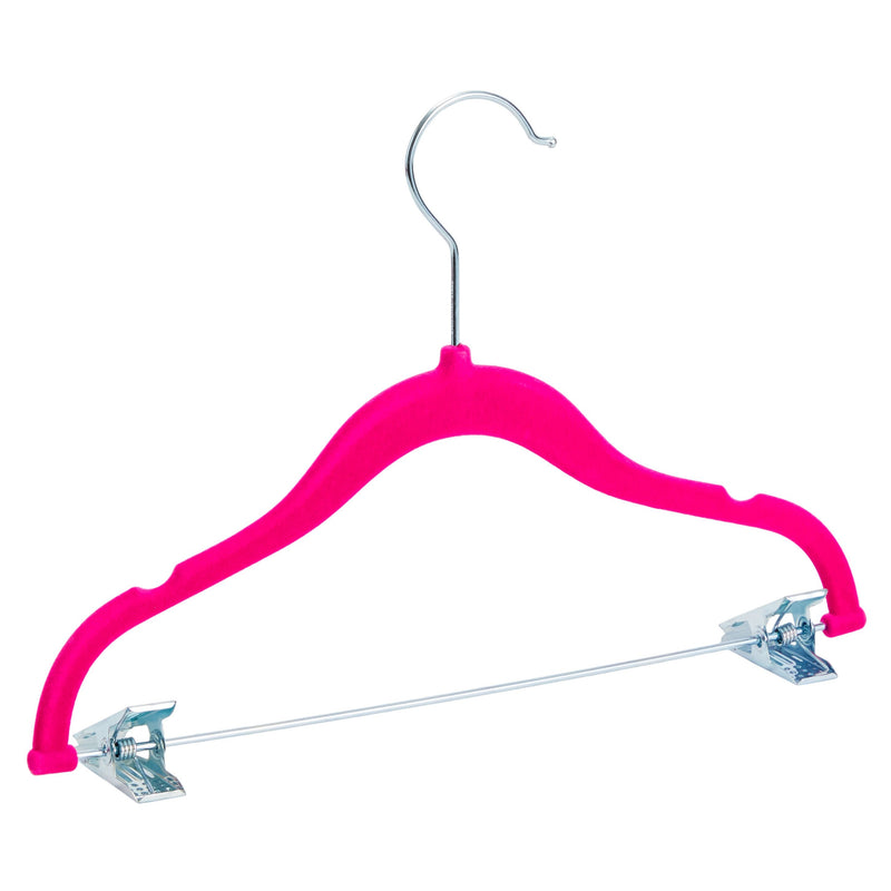 24 Pack Hot Pink Velvet Hangers with Clips for Kids, Baby Nursery, Children's Closet, Dresses, Shirts, Pants, Skirts, Ultra Thin, Nonslip, Space-Saving (12 Inches)