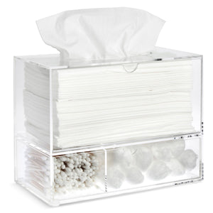 Clear Tissue Box Holder with Pull Out Drawer, Rectangle Dispenser Tissue Box Cover and Cosmetic Organizer for Bathroom (9.3 x 7 x 5 In)