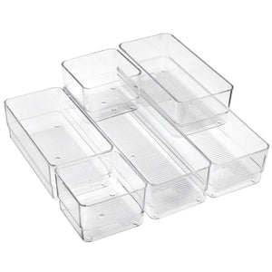 6 Piece Set Clear Plastic Drawer Organizers for Desk, Office, Acrylic Storage Containers in 3 Assorted Sizes