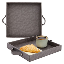 Set of 2 Square Leather Serving Trays, 12x12 Valet for with Handles for Ottoman, Coffee Table (Dark Grey)