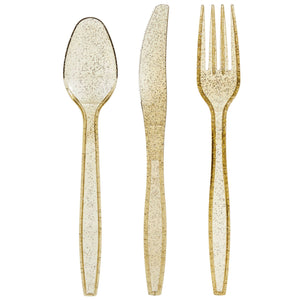 144 Pack Gold Glitter Plastic Silverware for Wedding Party Supplies, Cutlery Includes Forks, Spoons, and Knives (Serves 48)