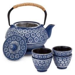 6-Piece Blue Floral Japanese Tea Set - Cast Iron Teapot Kettle with Stainless Steel Infuser, Trivet, 4 Teacups for Loose Leaf Tea (32 oz)