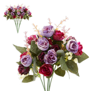 4-Pack Silk Cloth Artificial Rose Bouquet, 13-Inch Faux Flower Arrangement with 7 Branches and 21 Flower Heads (Purple)