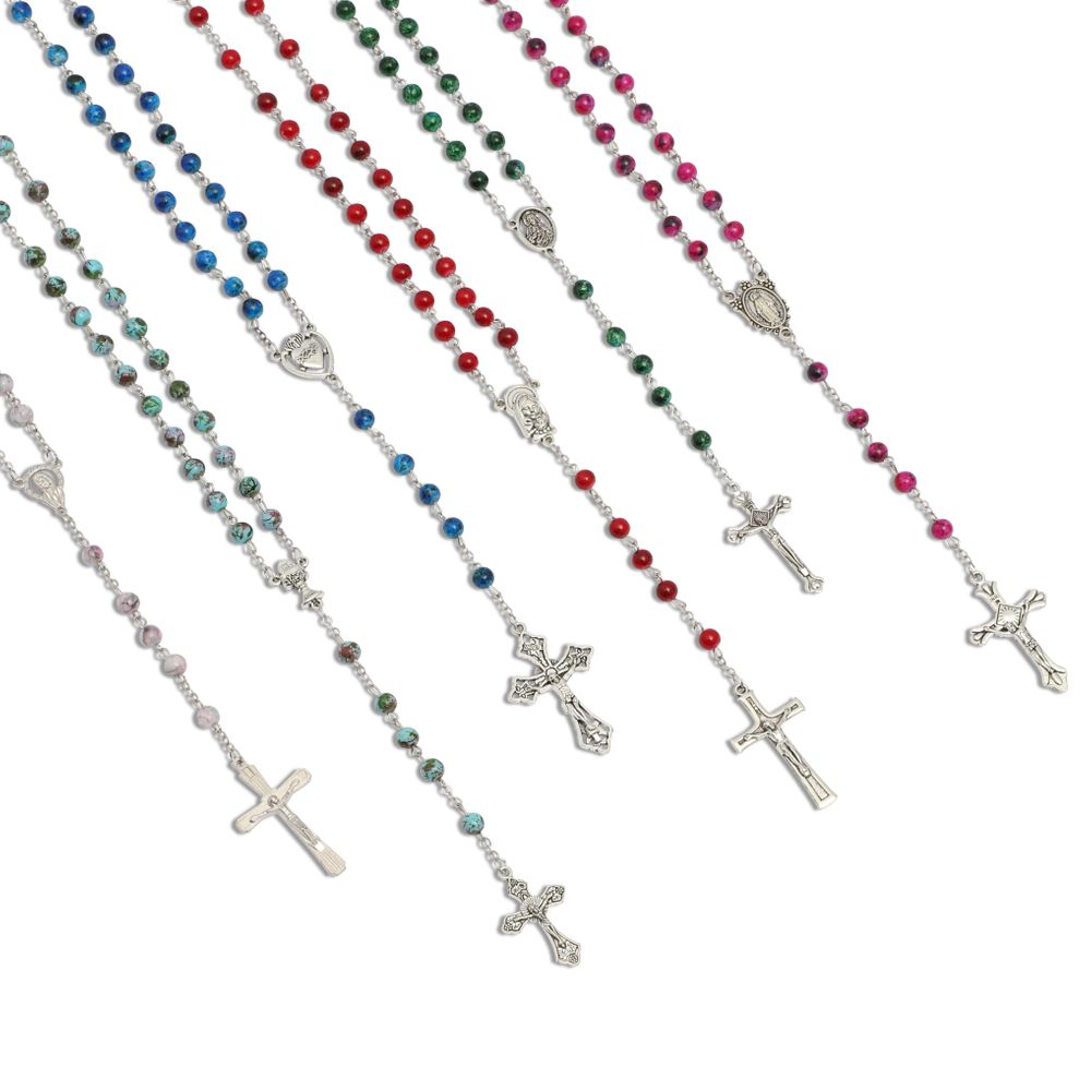 Juvale 24 Small Mini Catholic Rosary Bracelet for Women and Men, Prayer Beads for Baptism Christening, 8 Colors, 8 Crucifix Designs