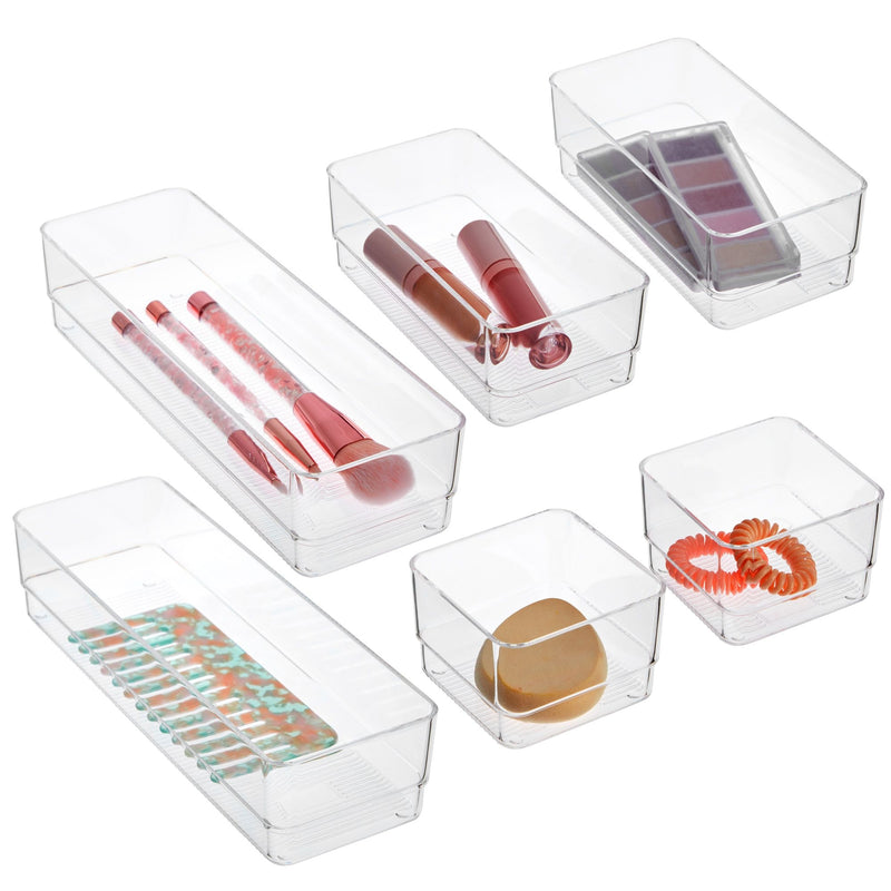 6 Piece Set Clear Plastic Drawer Organizers for Desk, Office, Acrylic Storage Containers in 3 Assorted Sizes