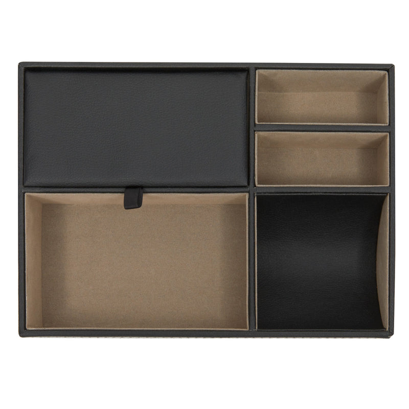 Black Valet Tray for Men, 5 Compartments for Wallet, Phone, Keys (Faux Leather, 10 x 7.3 x 2 In)