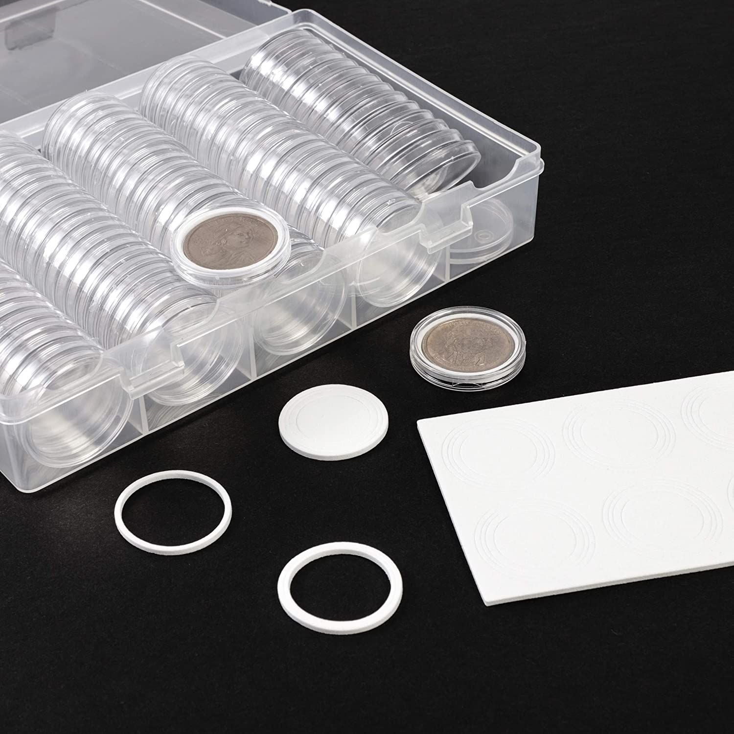 Juvale 100 Pieces Coin Collecting Starter Holders with Capsules and Storage  Box (Clear)