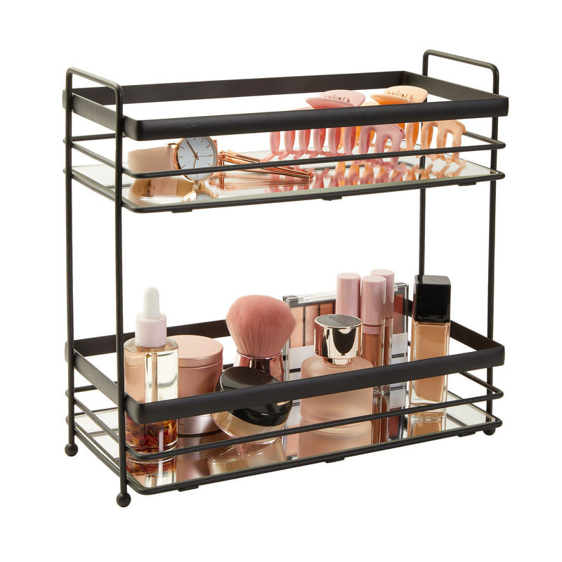 Matte Black 2-Tier Mirrored Tray for Vanity, Bathroom Countertop, Perfume Organizer (12 x 5.7 x 11 In)