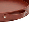 Faux Leather Round Serving Tray with Handles for Coffee Table and Ottoman (Brown, 14.5 x 2 In)