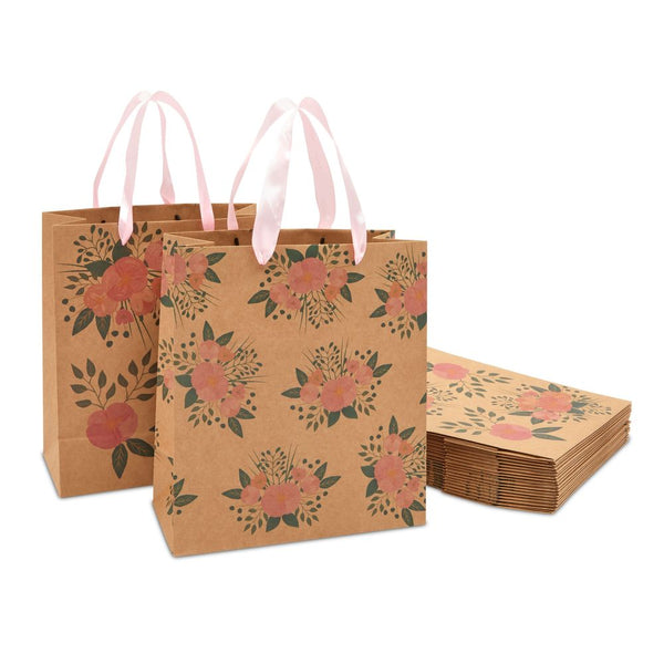 Floral Kraft Gift Bags with Handles for Birthday Party, 2 Watercolor Designs (24 Pack)