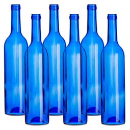 6 Pack Empty Wine Bottles for Kitchen Counter, Home Decor, Crafts, Blue Transparent Glass Bottles for Bar Accessories (750ml, 12.75 In)