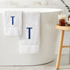 3 Piece Letter T Monogrammed Bath Towels Set, White Cotton Bath Towel, Hand Towel, and Washcloth with Blue Embroidered Initial T for Wedding Gift, Bridal Shower