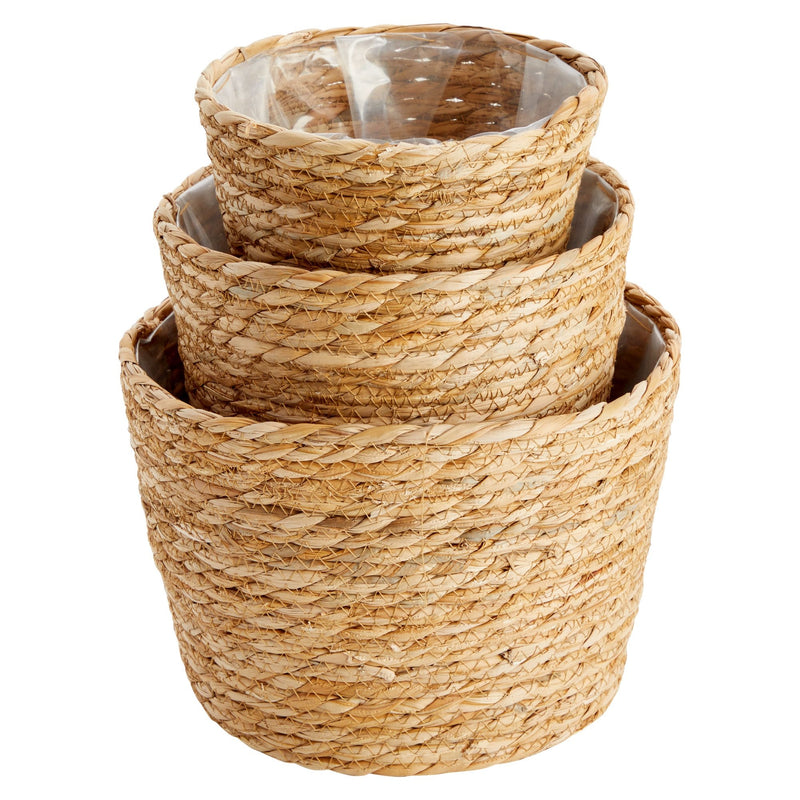 Seagrass Indoor Planter Set with Plastic Lining, 3 Small Woven Wicker Baskets for Plants, Flower (3 Sizes)