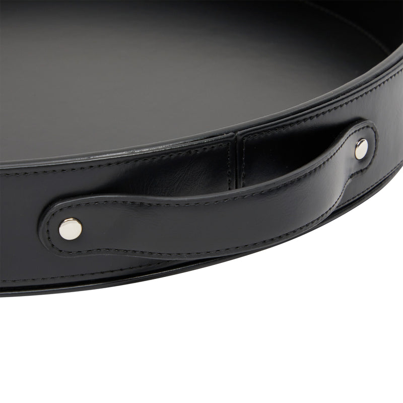 Faux Leather Round Serving Tray with Handles for Coffee Table and Ottoman (Black, 14.5 x 2 In)