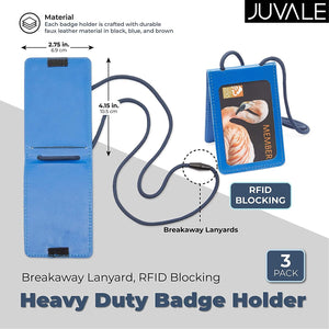 3 Pack Folded ID Badge Holder with Breakaway Lanyard, RFID Blocking, 3 Colors Faux Leather, 2.75 x 4.15 in