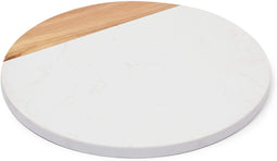 Round Wood and Marble Serving Tray - Stone Cutting Board for Cheese, Charcuterie, Kitchen Counter (White, 11 Inch)