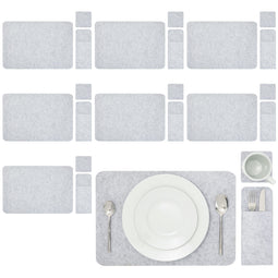 Felt Table Placemats Set of 8 for Dining Table and Kitchen Decor with Drink Coasters and Cutlery Pouches (Light Gray, 24 Pieces)