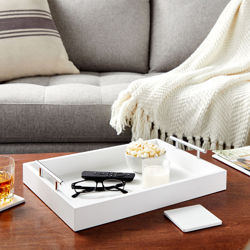 White Serving Tray for Coffee Table, 16x12" with Coasters and Decorative Interchangeable Gold and Silver Handles