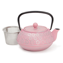 Pink Floral Cast Iron Teapot Kettle with Stainless Steel Loose Leaf Infuser (34 oz)