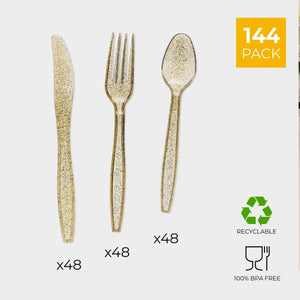144 Pack Gold Glitter Plastic Silverware for Wedding Party Supplies, Cutlery Includes Forks, Spoons, and Knives (Serves 48)