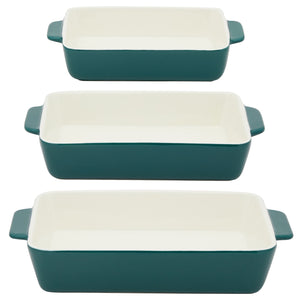 3 Piece Green Ceramic Bakeware Set - Rectangular Baking Dishes for Oven, Serving Casseroles, Kitchen (3 Sizes)