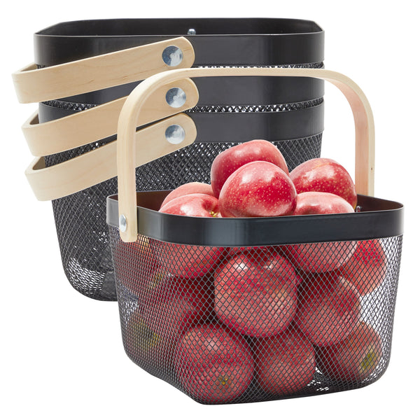 4 Pack Square Metal Mesh Fruit Basket with Wooden Handle for Kitchen, Pantry, Storage, Organization (9.5 x 7 In, Black)