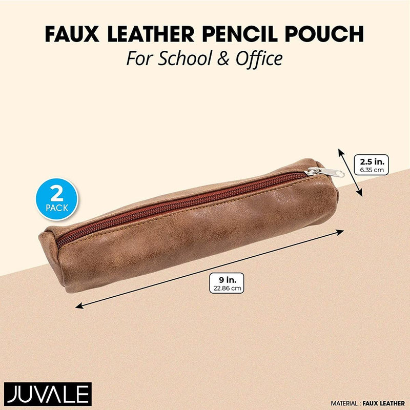 Faux Leather Pencil Pouch for School and Office (Brown, 2 Pack)