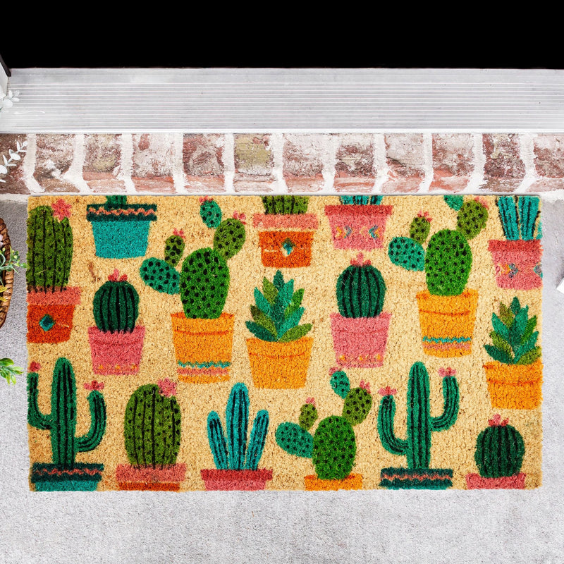 Juvale Natural Coco Coir Door Mat with Cactus Design for Outside, Entryway, 17 x 30 Inch Welcome Rug for Front Door, Porch