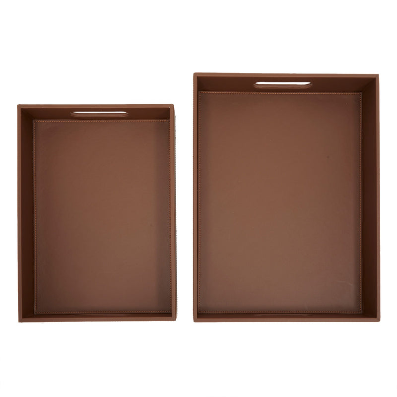 2-Pack Wooden Nesting Serving Tray Set with Stitched Faux Leather Skin and 2 Handles, Slip-Resistant Breakfast Service Tray in 2 Sizes (13.8x9.9x2.3 and 15.8x12x2.5 in, Brown)