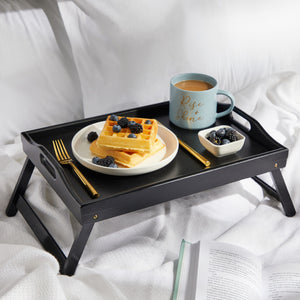 Black Wooden Bed Tray with Folding Legs for Breakfast in Bed (17.2 x 12 x 8 Inches)