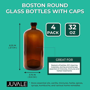 Boston Round Bottles with Caps, Kombucha and Drink Growler (32-oz, Amber, 4-Pack)