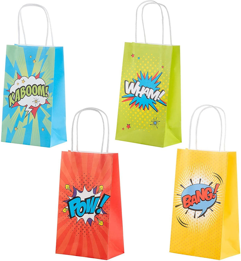 Comic Book Hero Party Favor Gift Bags with Handles (4 Colors, 12 Pack)