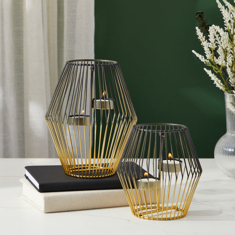 2 Piece Diamond Shaped Metal Tealight Candle Holder Centerpiece, 2-Tone Gold and Black Candle Holders (2 Sizes)